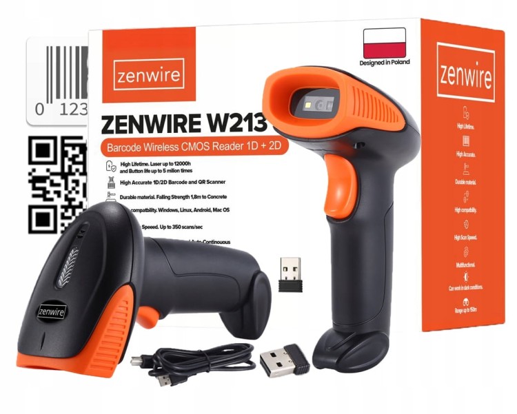 Czytnik Skaner Kodów Kreskowych i QR USB BEZPRZEWODOWY 1D 2D WiFi Zenwire W213 - zdjęcie 1