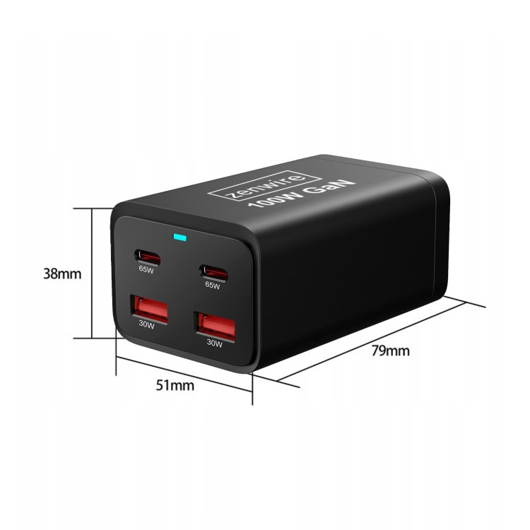 Ładowarka Sieciowa Zasilacz 100W Kostka GaN III Kabel AC 2x USB-C 65W 2x USB-A Zenwire YMS-608 - zdjęcie 7
