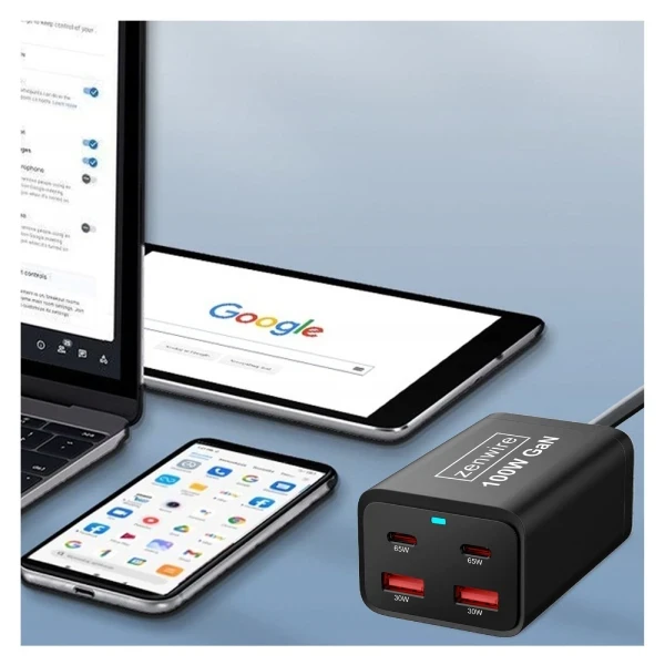 Ładowarka Sieciowa Zasilacz 100W Kostka GaN III Kabel AC 2x USB-C 65W 2x USB-A Zenwire YMS-608 - zdjęcie 4