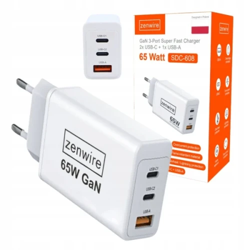 Szybka Ładowarka Sieciowa Kostka GAN 3.0 65W 2x USB-C USB-A do iPhone Quick Charge Zenwire SDC-608 - zdjęcie 1