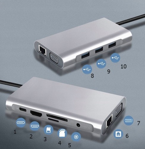 HUB USB-C 11w1 Adapter HDMI 4K VGA Jack SD Gigabit Ethernet RJ45 USB 3.0 - zdjęcie 2